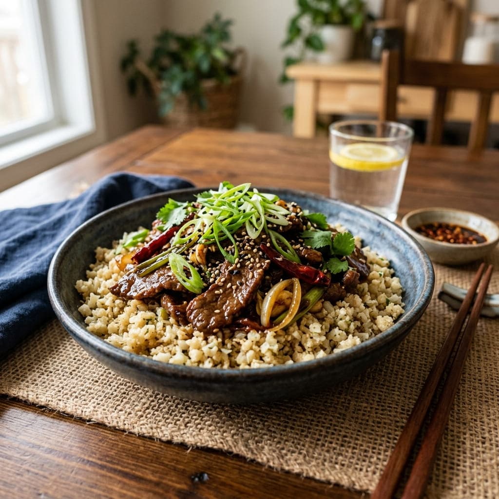 Healthy Mongolian Beef Cauliflower Rice