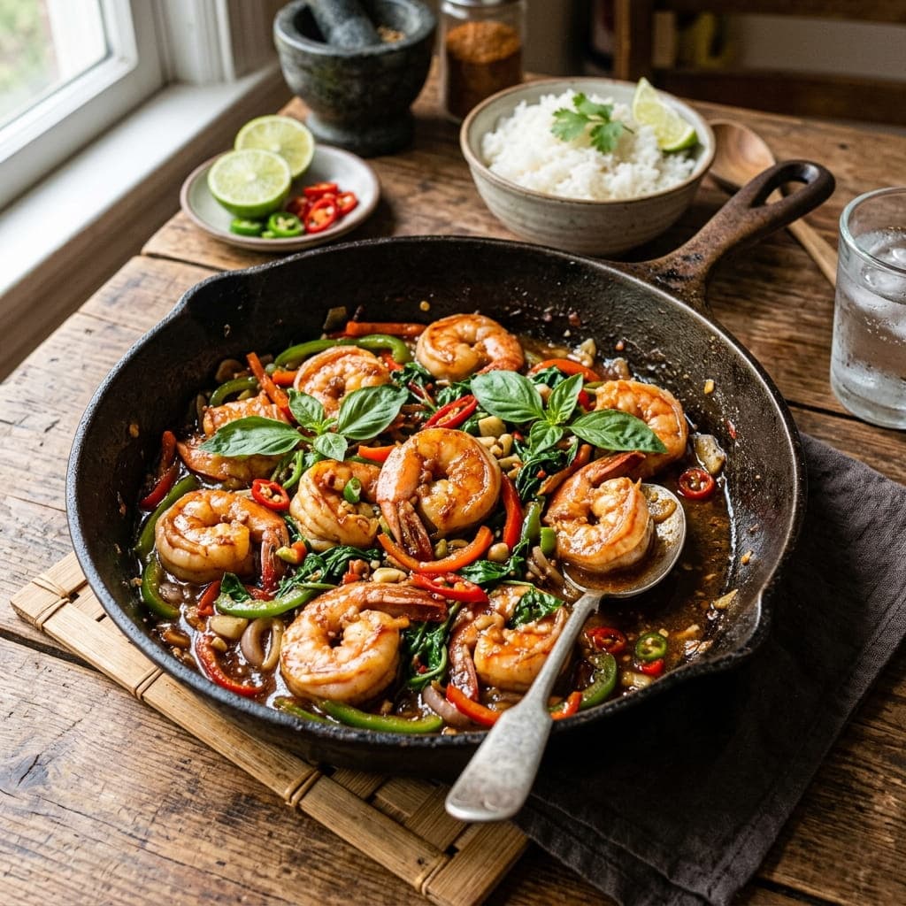 Thai Spicy Basil Shrimp Skillet
