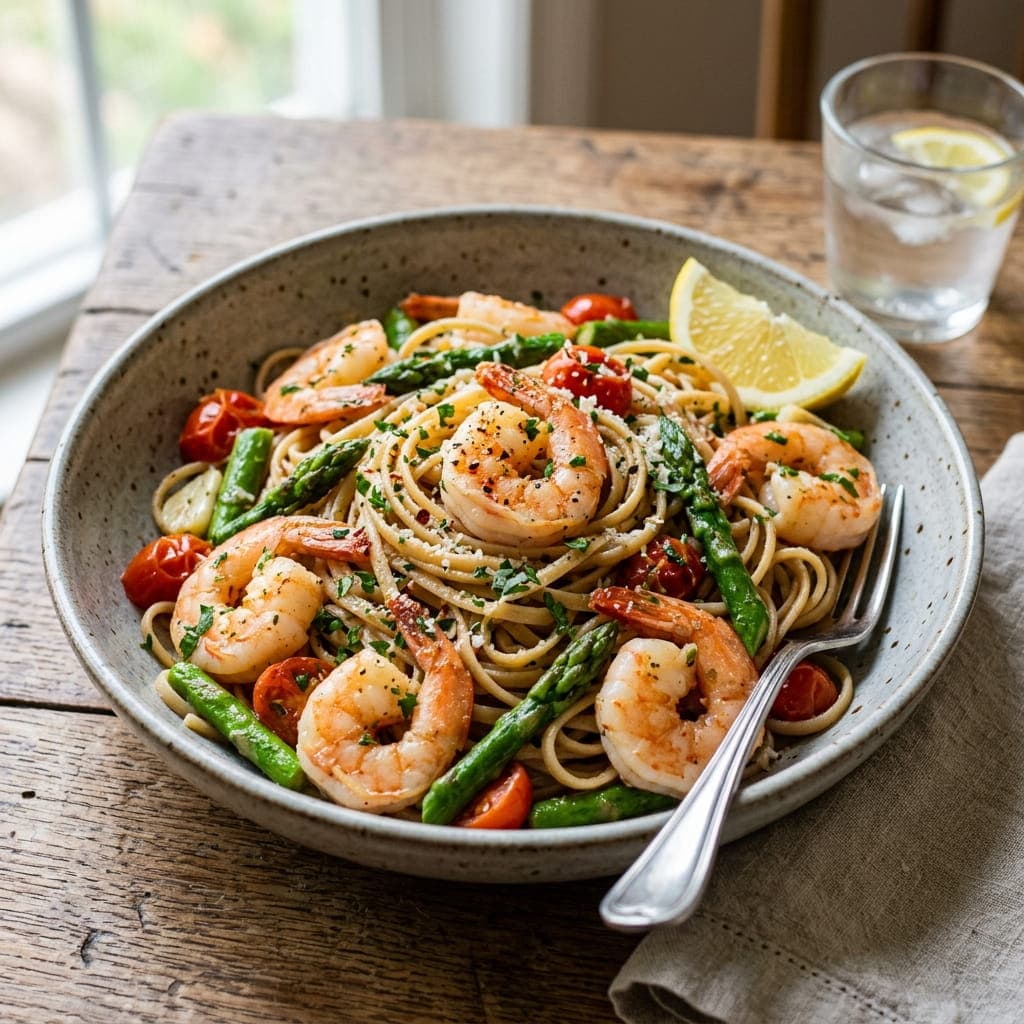 Low-Calorie Garlic Herb Shrimp Linguine