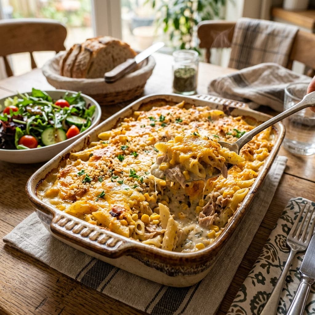 British Creamy Tuna Pasta Sweetcorn Bake