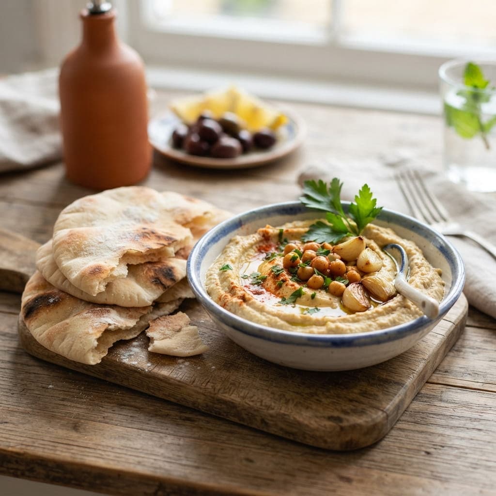 Mediterranean Garlic Hummus with Warm Pita