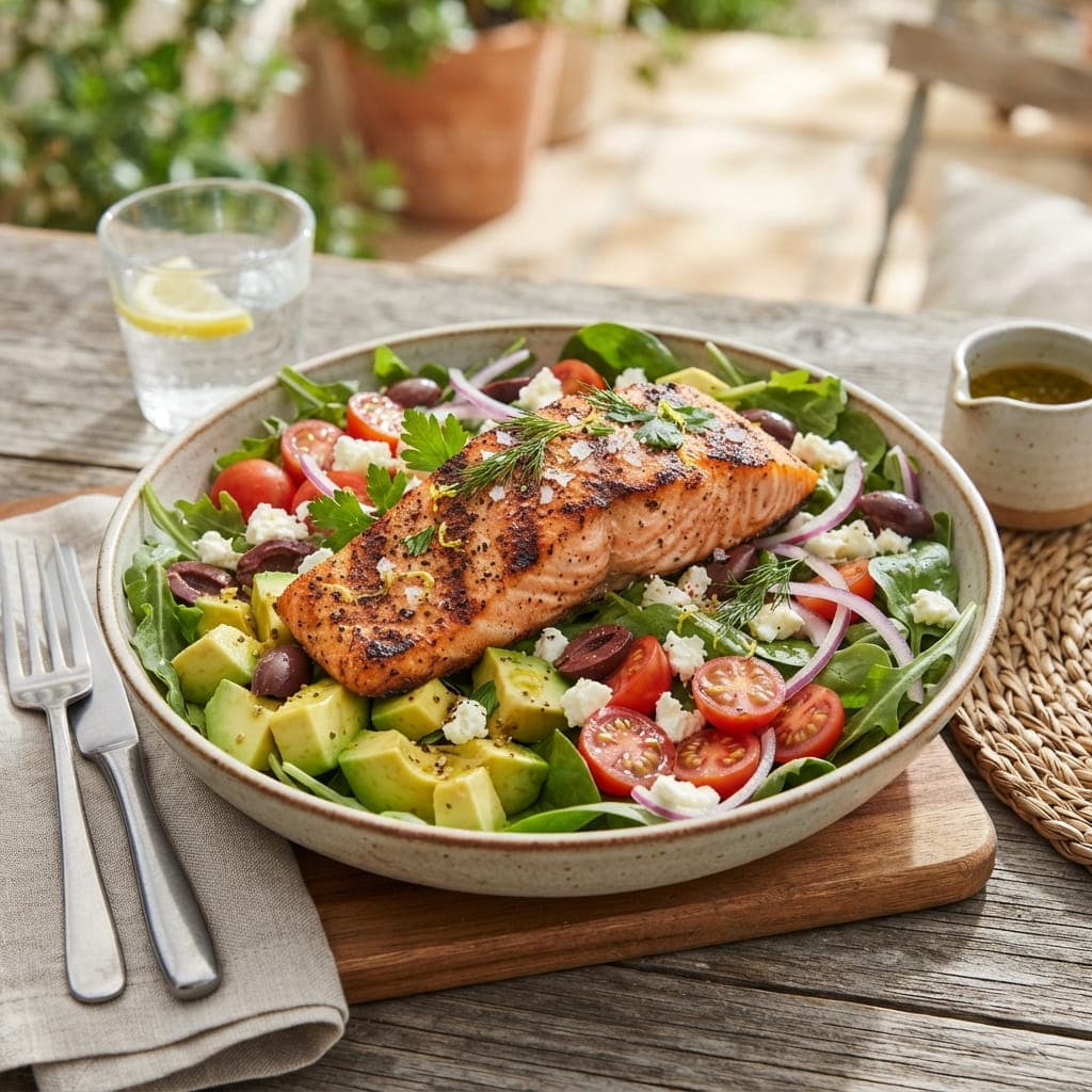 Mediterranean Grilled Salmon Avocado Salad