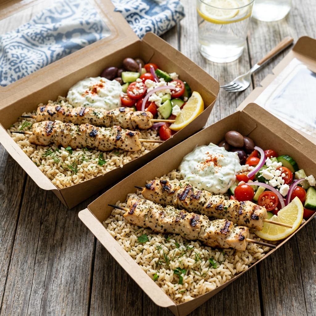 Healthy Greek Chicken Souvlaki Rice Boxes