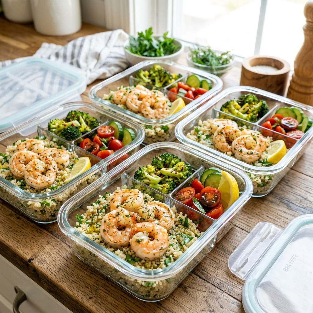 Low-Calorie Garlic Herb Shrimp Quinoa Boxes